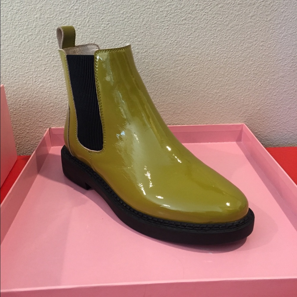 - Chartreuse Patent Leather ankle bootie sli…